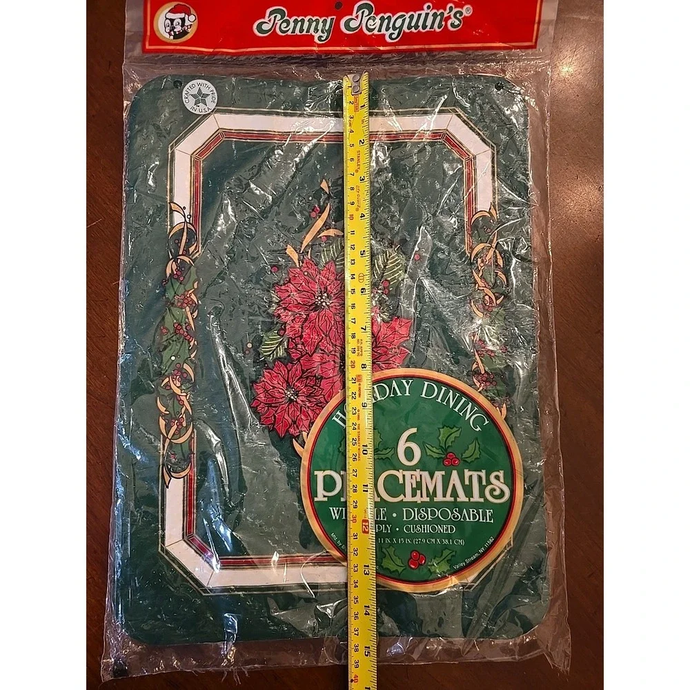 NWT Vintage PENNY PENGUIN'S Christmas 6 Placemats Red Poinsettias  15